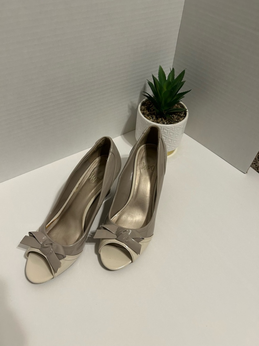 Impo Two-Tone Taupe and Cream Peep-Toe Bow Heels